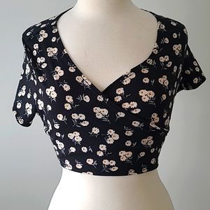 Shein Black Floral Wrap Top XL